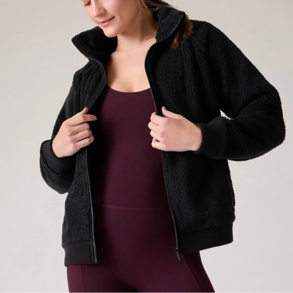 Athleta Tugga Sherpa full zip Teddy black Jacket zip pockets small